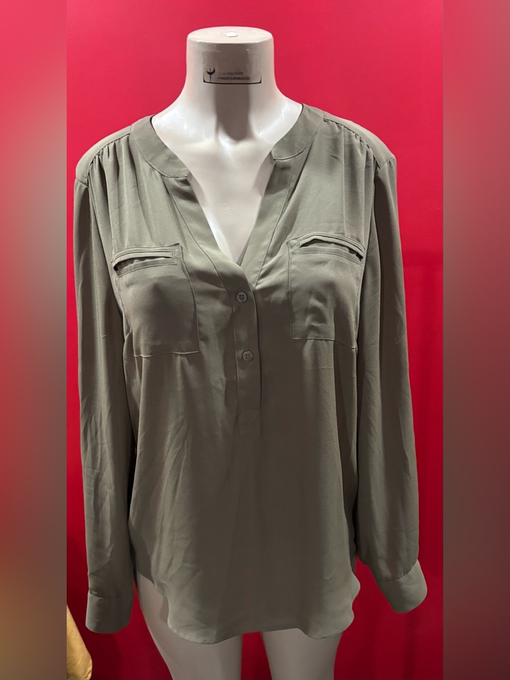 New York & Company Olive Green V-Neck Button Pullover Blouse